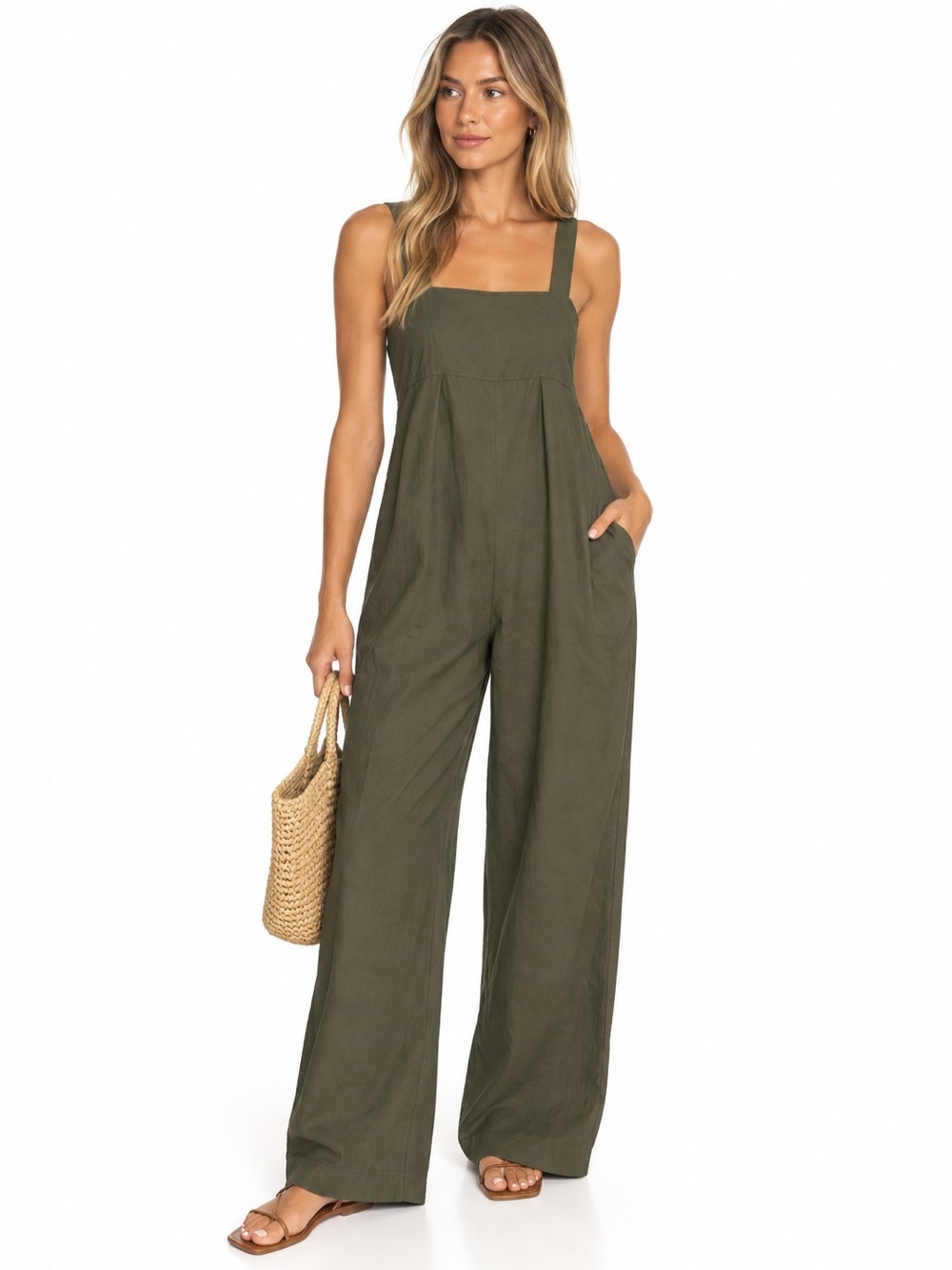 UNIQLO Linen Blend Wide Leg Jumpsuit Olive Green Large